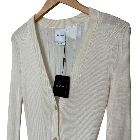 NWT! ST. JOHN Women's XS Ivory Ecru V-Neck Knit Cardigan Sweater Casual Ribbed - Picture 4 of 12
